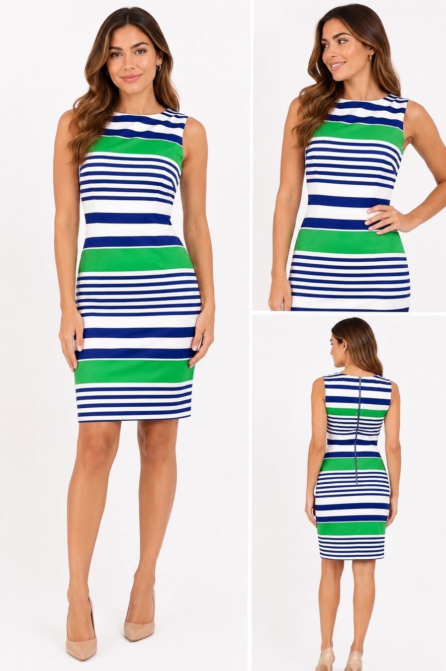 Esley Blue Green Striped Sheath Dress Sleeveless Stretch Career Midi Size M